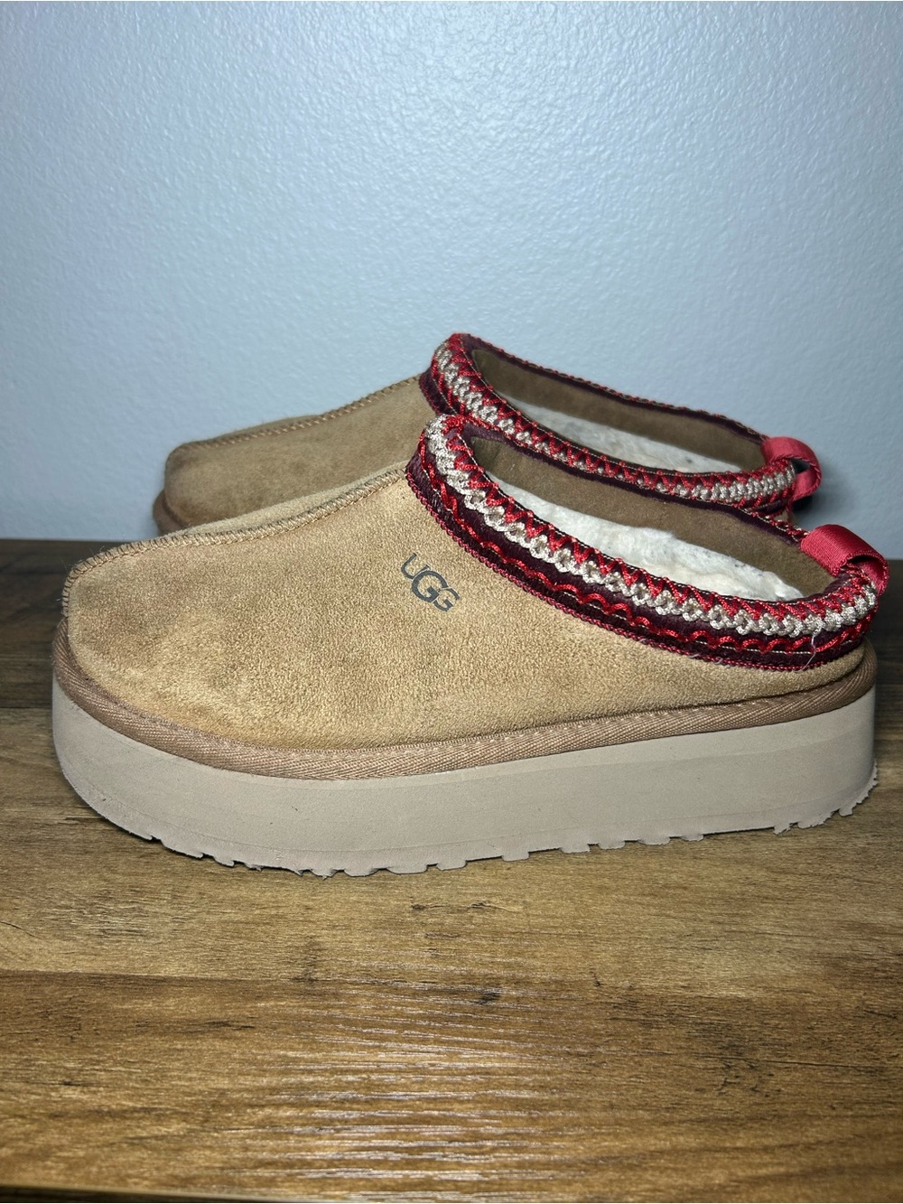 UGG Women's Chestnut Suede Platform Clog with Red Braided Trim